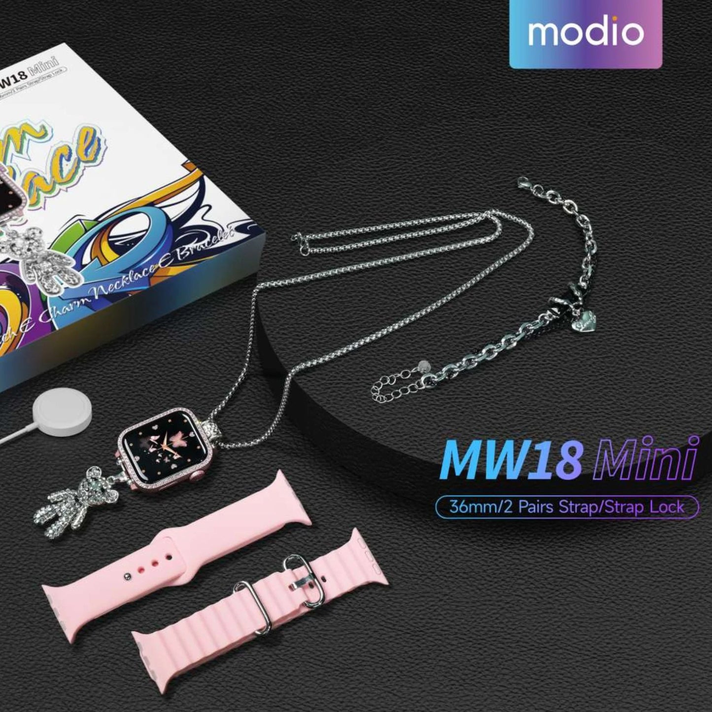 Modio MW 18 Smart Watch with 2 Pair Strap and Stylish Chain Necklace