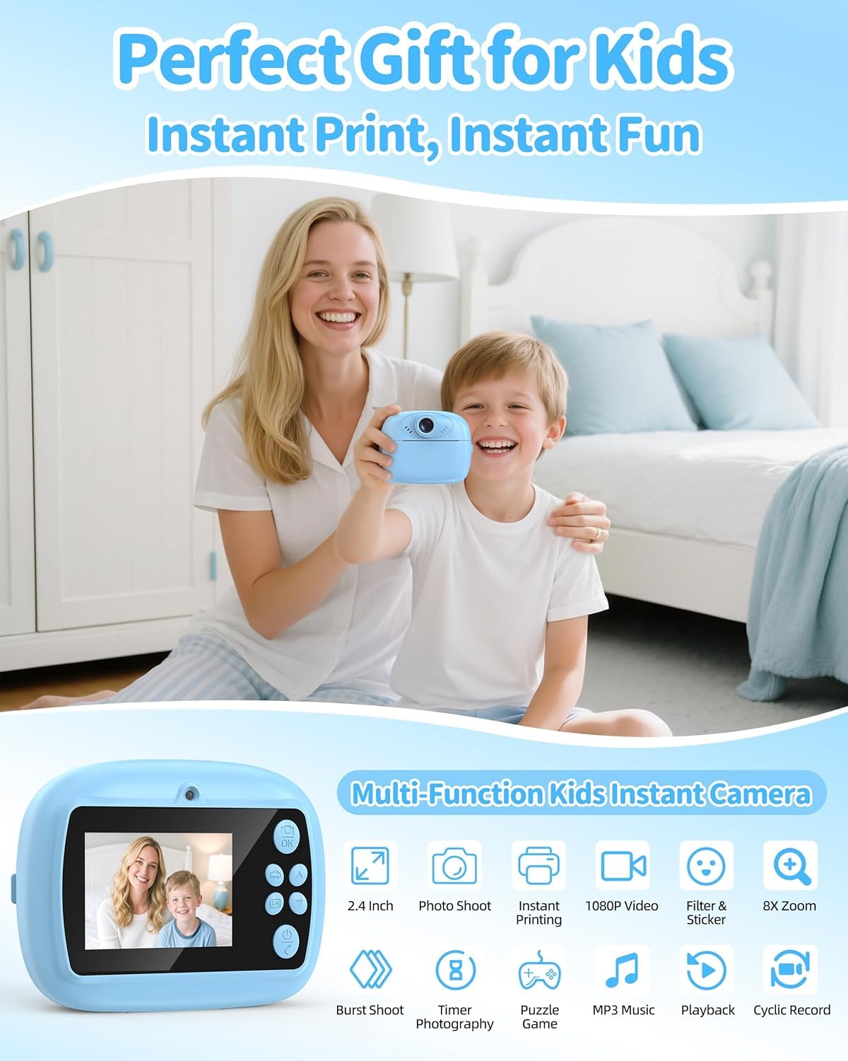 Digital Printer Camera for Kids with 1080P Video