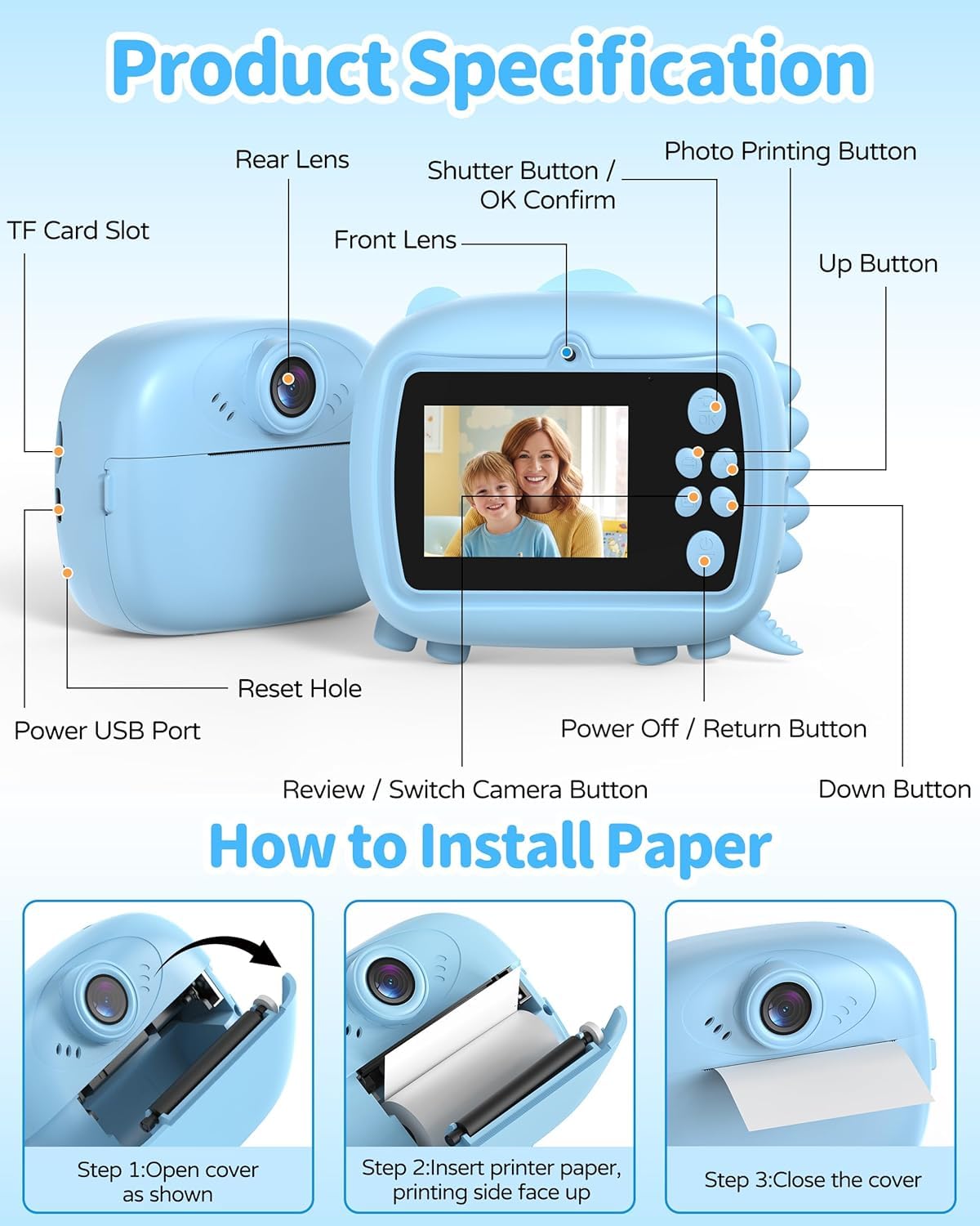 Digital Printer Camera for Kids with 1080P Video