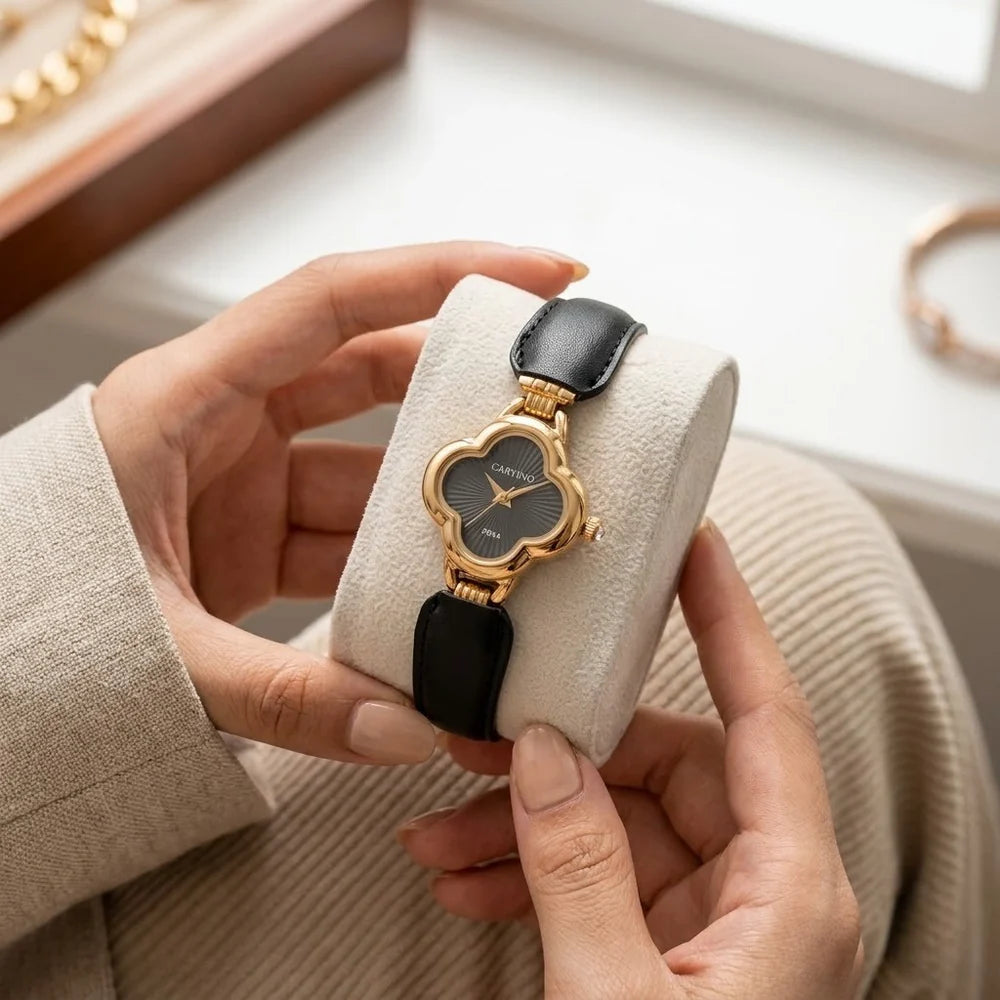 Vintage Style Quartz Watch with Genuine Leather Strap For Women