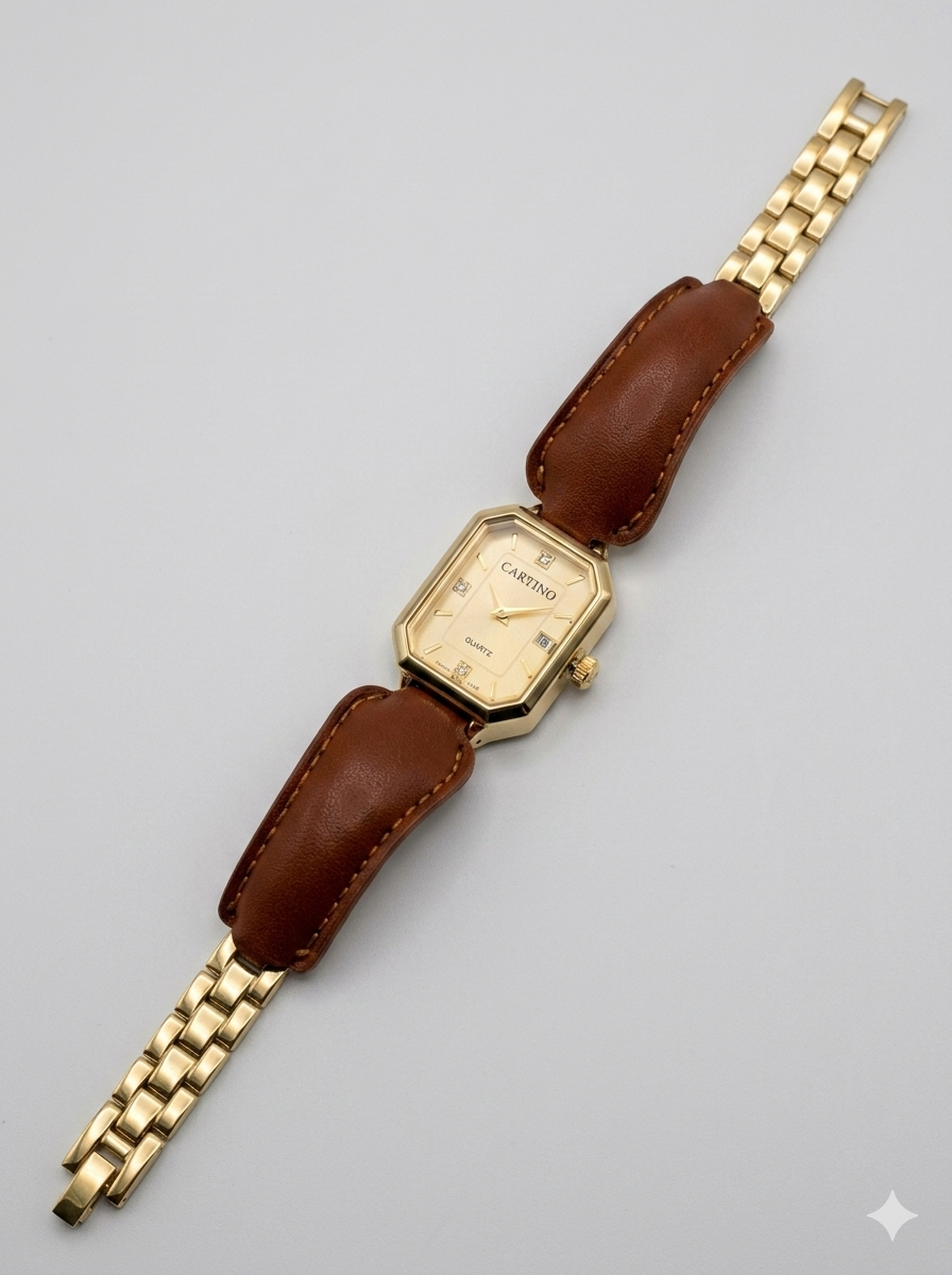 Vintage Style Quartz Watch with Genuine Leather Strap For Women