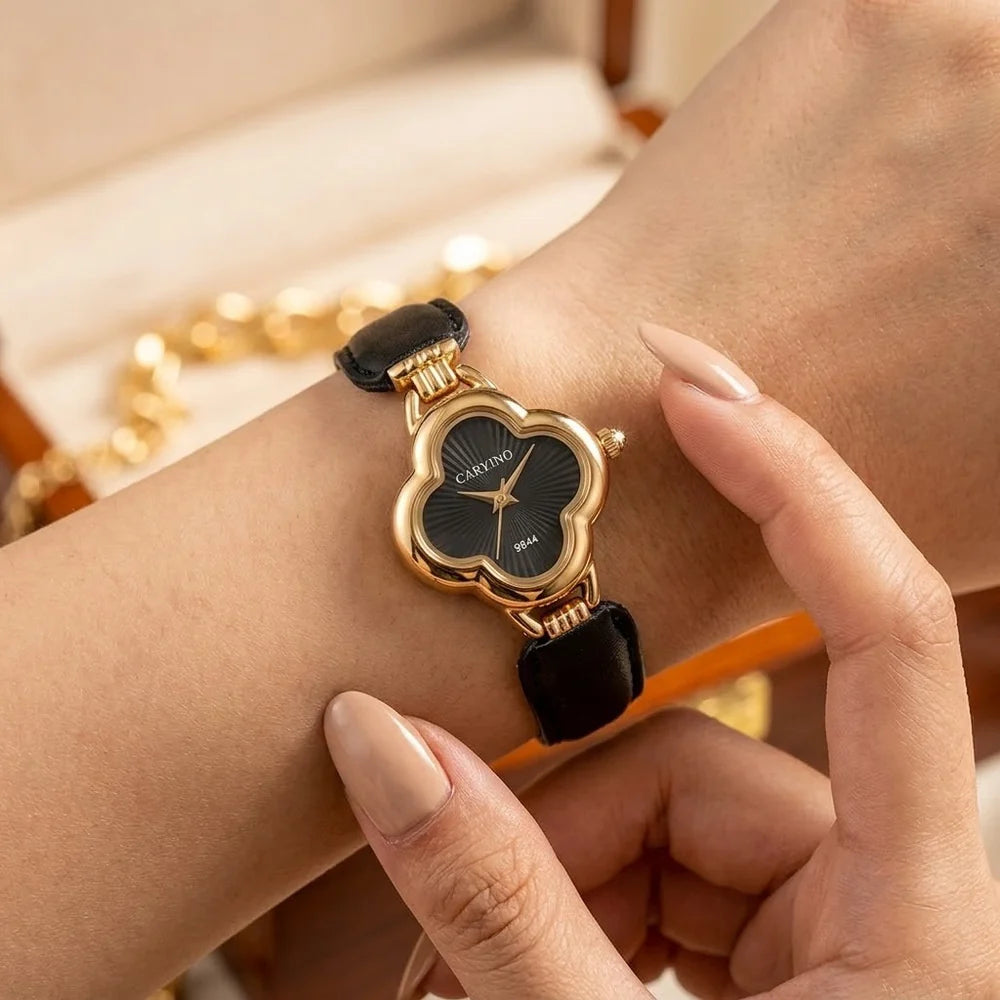 Vintage Style Quartz Watch with Genuine Leather Strap For Women